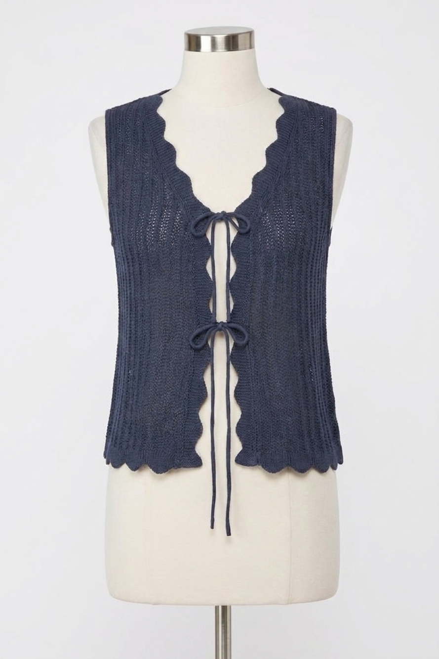 NEW SHE + SKY harbor scallop tie sweater vest in navy blue